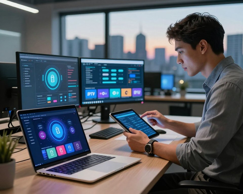 A professional setting symbolizing IPTV security and reliability. In the foreground, a sleek, modern laptop displaying a vibrant IPTV interface with secure connection icons. Beside it, a confident business professional in smart casual attire reviews cybersecurity reports on a tablet, reflecting focus and dedication. In the middle ground, a well-organized office environment houses monitors displaying digital security metrics and IPTV channels. In the background, soft ambient lighting highlights a large window showcasing a city skyline at dusk, adding a contemporary touch. The overall atmosphere conveys innovative technology and trust, emphasizing a secure IPTV service. Use a sharp lens with a slight blur effect in the background to enhance the depth of field.