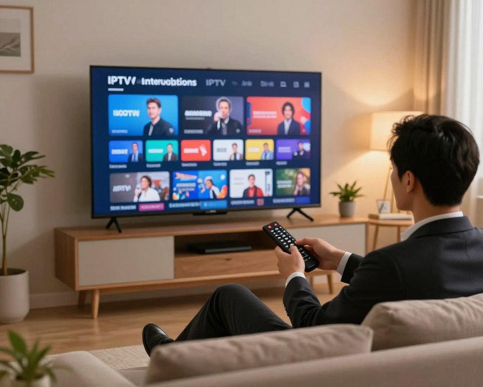 A serene home office environment showcasing a modern television setup streaming IPTV content smoothly. In the foreground, a well-dressed individual (in professional attire) sits comfortably on a stylish couch, holding a remote control with a focused expression. In the middle, the large screen prominently displays vibrant IPTV channels without any interruptions, symbolizing seamless viewing. The background reveals a cozy living space with soft lighting, accentuated by warm tones and decorative elements like plants and books. The atmosphere exudes a sense of relaxation and enjoyment, highlighting the importance of tips to avoid IPTV interruptions. Soft shadows enhance the comforting mood, with a gentle focus on the person and the screen, ensuring clarity and engagement.