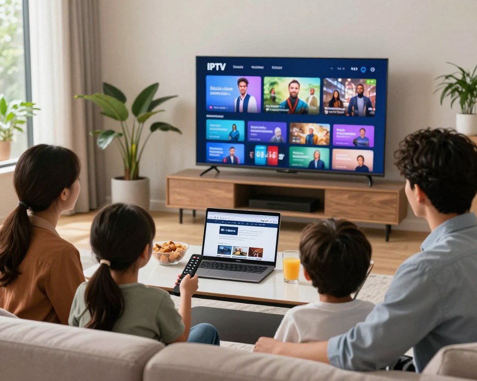 A serene indoor setting showcasing a modern living room, where a family is gathered around a large television displaying a vibrant IPTV interface. In the foreground, a diverse family of four—dressed in business casual attire—enjoys selecting content on a sleek remote control. The middle ground features a stylish coffee table adorned with snacks and drinks, along with a laptop displaying a legal streaming website. In the background, soft natural light streams through large windows with plants adding a touch of greenery, creating a warm, inviting atmosphere. The overall mood is relaxed and positive, emphasizing smart and responsible IPTV usage without any distractions.