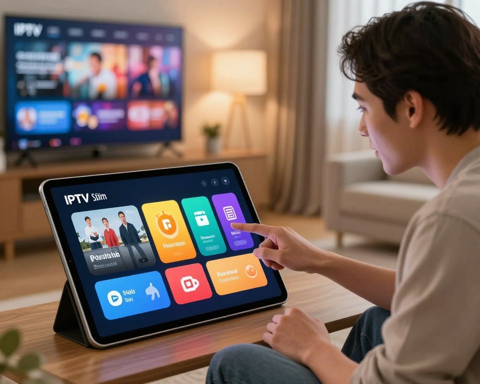 A sleek and modern display showcasing various IPTV subscription plans. In the foreground, an elegant digital tablet screen featuring colorful, easy-to-read icons representing each subscription tier. To the right, a professional, casually dressed individual discusses options with interest, pointing at a particular plan, embodying a sense of engagement and customer service. In the background, a cozy living room setup with a large TV playing captivating content, soft ambient lighting creating a warm atmosphere. The overall aesthetic is contemporary and inviting, emphasizing the convenience and variety of IPTV services. The angle is slightly overhead, providing a clear view of the tablet and the interaction, while the color palette is vibrant yet smooth, highlighting the features of the subscription plans without any text or distractions.