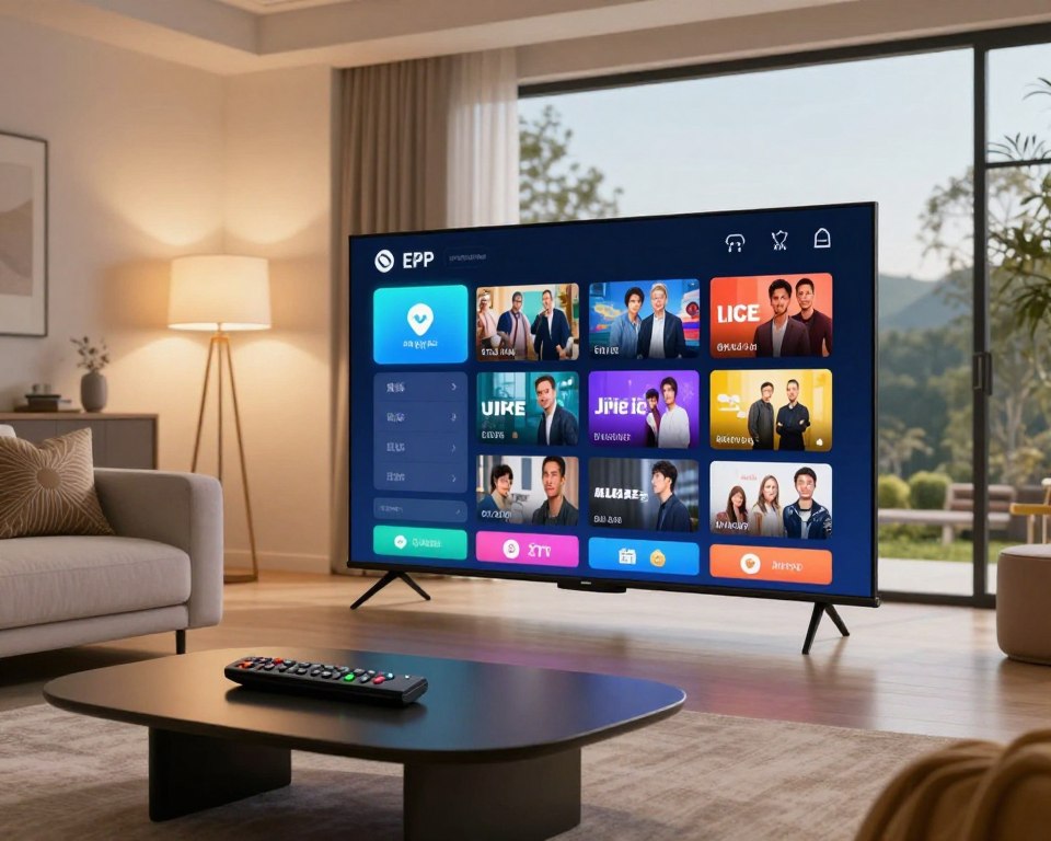 A sleek and modern interactive TV guide interface displayed on a large flat-screen television in a contemporary living room setting. In the foreground, focus on a virtual EPG (Electronic Program Guide) with vibrant icons and a user-friendly layout, showcasing various TV channels and program listings. The middle ground features a stylish coffee table with a remote control and a cozy sofa adorned with decorative pillows. The background includes soft, ambient lighting from floor lamps and a glass window revealing a serene outdoor view. The mood is inviting and tech-savvy, reflecting the quality and reliability of a premium IPTV service. The scene is captured with a wide-angle lens for a spacious feel, with warm, natural lighting that enhances the homey atmosphere.
