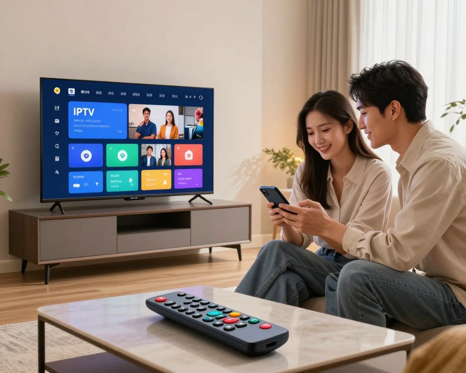 A sleek and modern living room featuring a Smart TV on a stylish stand displaying an IPTV configuration application on the screen. In the foreground, a remote control lies on a coffee table, with vibrant colors representing a user-friendly interface. In the middle ground, a young professional couple, dressed in casual yet modest clothing, are focused on their mobile devices, guiding the setup process together with smiles. The background showcases soft lighting from a nearby window, creating a warm and inviting atmosphere. The angle is slightly elevated, capturing both the TV and the engaged couple, illustrating a harmonious balance of technology and family interaction. The mood is optimistic and encouraging, emphasizing the ease of setup for IPTV services.