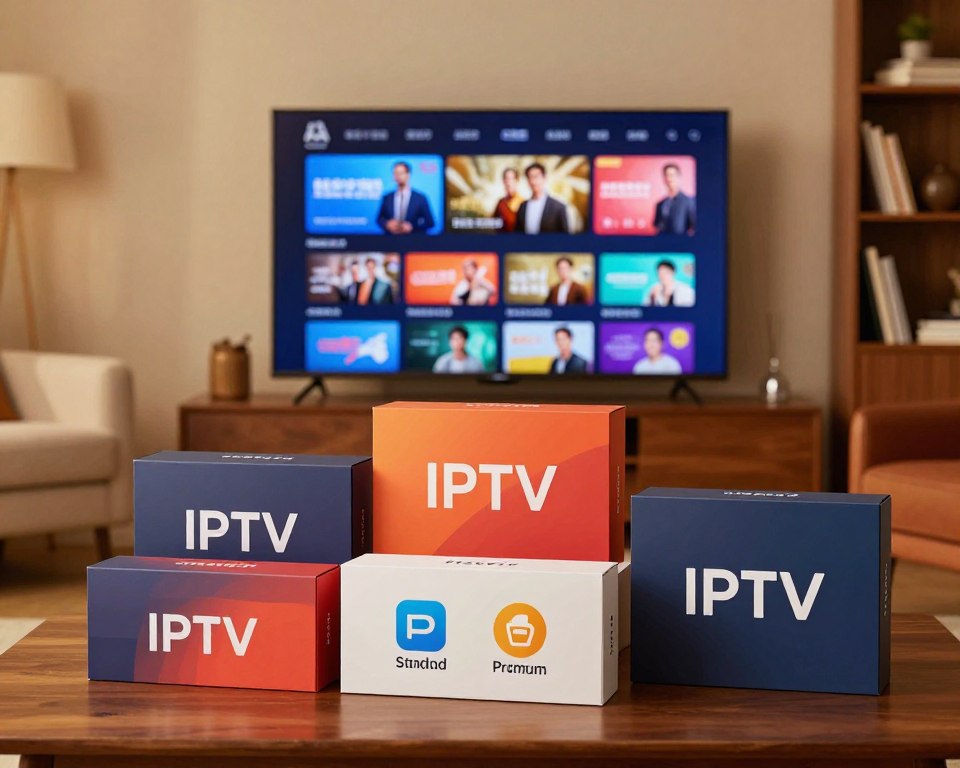 A sleek and modern showcase of various television subscription packages and IPTV services. In the foreground, colorful subscription boxes and icons representing different tiers of service, including basic, standard, and premium options, arranged aesthetically on a wooden table. In the middle ground, an elegantly designed flat-screen television displaying a streaming service interface with vibrant visuals of popular shows and movies. The background features a cozy living room setting, softly lit by warm ambient lighting, with plush furniture and a decorative bookshelf. The atmosphere is inviting and sophisticated, capturing the essence of high-quality entertainment choices. The image should be clear and well-composed, emphasizing a professional yet approachable feel in a 16:9 aspect ratio.