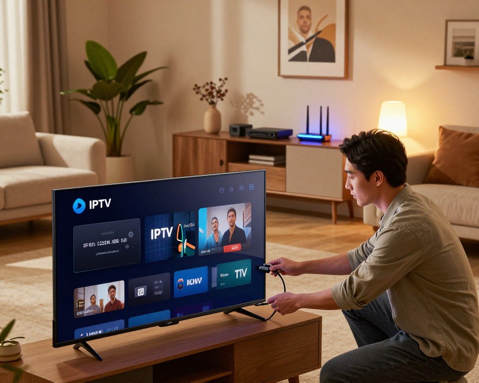 A sleek home entertainment setup showcasing the installation of IPTV. In the foreground, a professional technician in smart casual attire is adjusting a modern smart television, connecting cables with a focused expression. The middle layer features a stylish living room atmosphere with a plush sofa and decorative elements like plants and framed art. In the background, an elegant media console displays various streaming devices and a glowing router, symbolizing connectivity. Soft, warm lighting creates an inviting ambiance, with a slight lens flare from a nearby lamp, enhancing the cozy feel. The image conveys ease and efficiency, illustrating a seamless IPTV activation process.