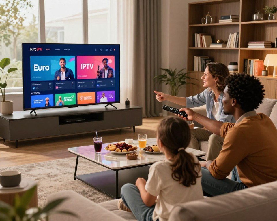 A sleek living room with a large, modern television displaying vibrant streaming options. In the foreground, a diverse group of three people—two adults and one child—are gathered around the TV, engaging enthusiastically with a remote control. They are dressed in smart casual attire, radiating a sense of enjoyment and togetherness. In the middle background, an elegant coffee table holds snacks and drinks, while a window lets in warm, soft natural light, creating an inviting atmosphere. In the far background, bookshelves filled with books and decorative items enhance the cozy yet sophisticated setting. The mood is joyful and dynamic, emphasizing the benefits of Euro IPTV for an exceptional TV experience in France.