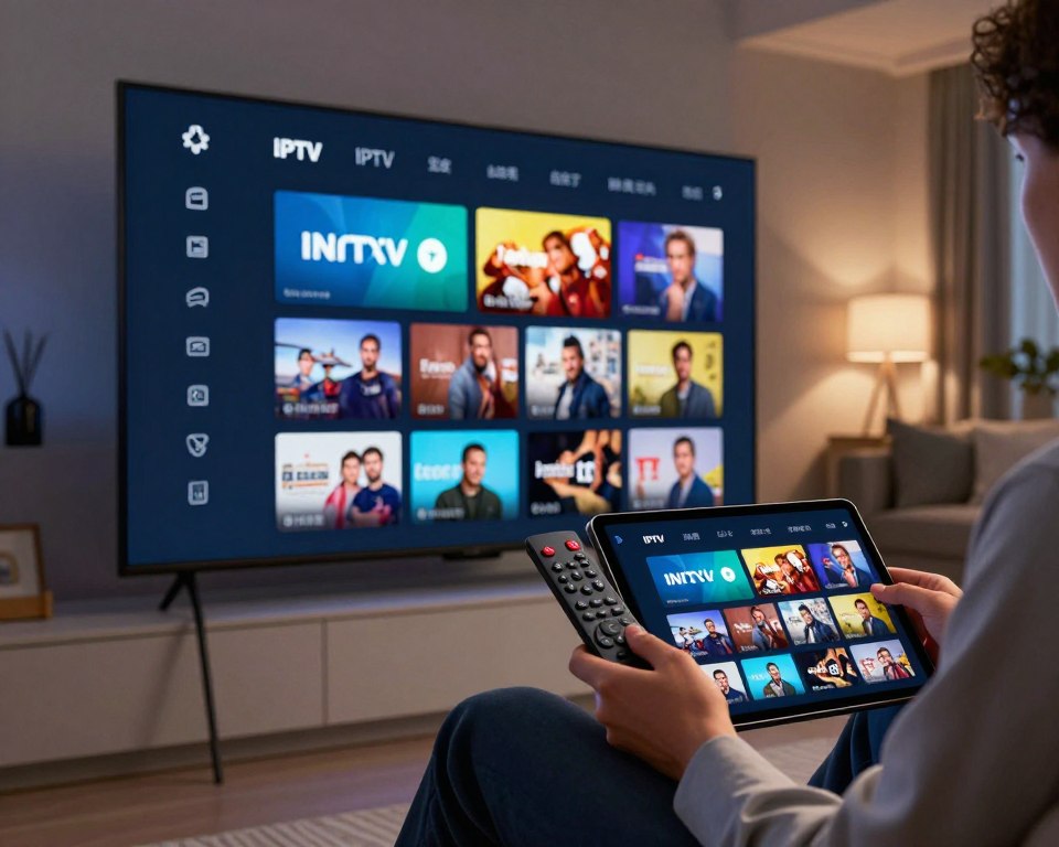 A sleek, modern IPTV application interface displayed on a large, high-resolution screen. In the foreground, the screen showcases vibrant thumbnails of various TV channels and on-demand content, with user-friendly navigation icons. The middle ground features a stylish remote control resting next to a tablet displaying the same interface, highlighting cross-device compatibility. The background includes a contemporary living room setting with soft, ambient lighting creating a cozy atmosphere, while a person in professional business attire is casually seated, engaged with the tablet. The image is captured from a low angle with soft focus on the background to emphasize the IPTV interface, evoking a sense of convenience and modern entertainment experience.