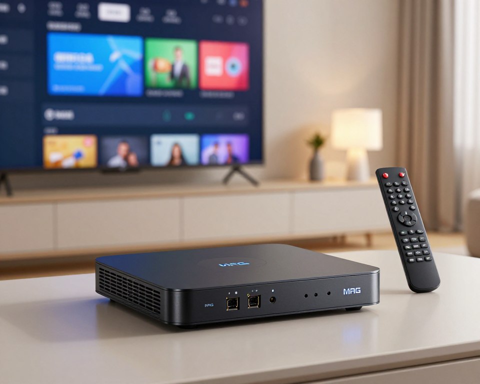 A sleek, modern MAG set-top box positioned prominently in the foreground, showcasing its ports and connection options. The device is black with subtle blue LED lights glowing softly. Surrounding it, a stylish home entertainment setup featuring a large television displaying an IPTV interface, with vibrant colors and intuitive navigation features. The middle ground includes a smart remote control placed next to the MAG box, capturing the essence of a connected lifestyle. In the background, a contemporary living room with neutral tones and minimalistic decor creates a professional atmosphere. Soft, even lighting emanates from a stylish lamp, highlighting the devices clearly. The image conveys a sense of innovation and accessibility in home entertainment technology.