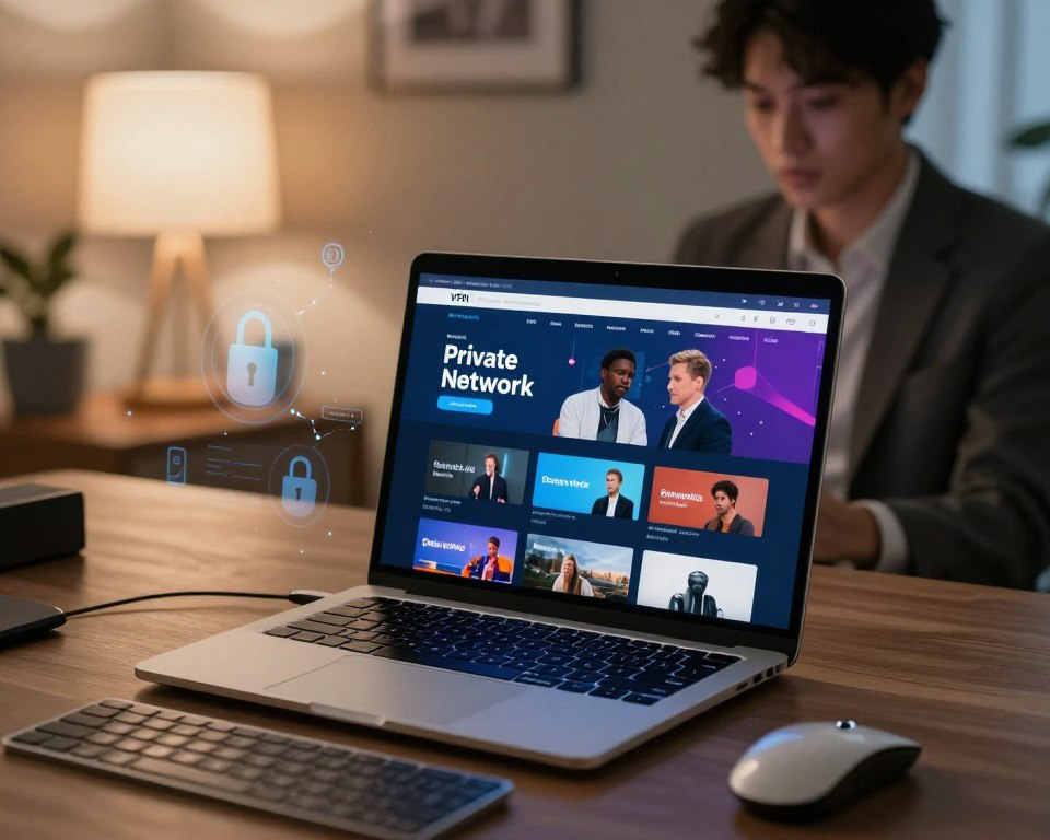 A sleek modern desktop setup showcasing a virtual private network (VPN) for streaming. In the foreground, a laptop with a vibrant screen displaying a secure streaming interface, surrounded by an ergonomic keyboard and sleek mouse. The middle ground features a blurred outline of a person in professional attire, intently focused on the screen, symbolizing privacy and security. The background includes a soft-lit room with digital security icons like padlocks and network symbols subtly integrated into the design. The atmosphere is one of calm focus and technological sophistication, with warm light creating an inviting space. The angle is slightly above eye level, providing a clear view of the laptop and the individual's concentration on ensuring security and confidentiality in streaming.