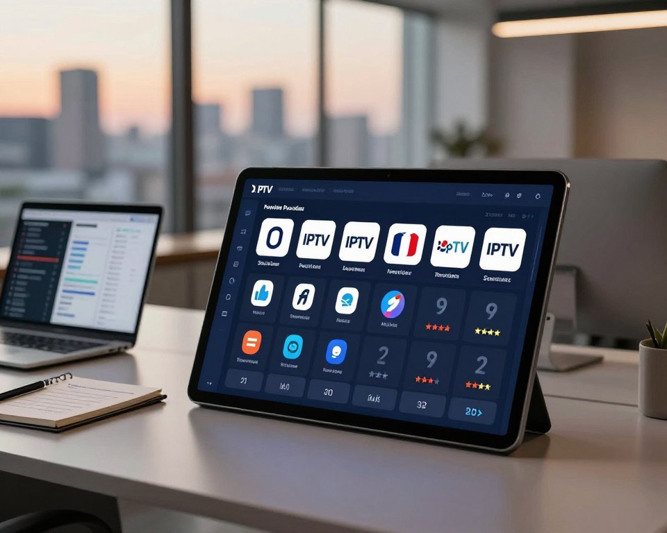 A sleek, modern digital workspace showcasing a comparison of IPTV service providers in France. In the foreground, a large, interactive touchscreen display featuring visually distinct icons and logos of various IPTV providers, arranged in a professional comparison chart, highlighting features like price, channel selection, and user ratings. In the middle ground, a stylish office environment with a sleek desk, a laptop open displaying analytics, and a notepad with research notes. The background features a soft-focus city skyline through a large window, suggesting a tech-forward atmosphere. Warm, ambient lighting enhances the productive mood, and a shallow depth of field directs focus on the comparison display, creating a sense of clarity and professionalism.