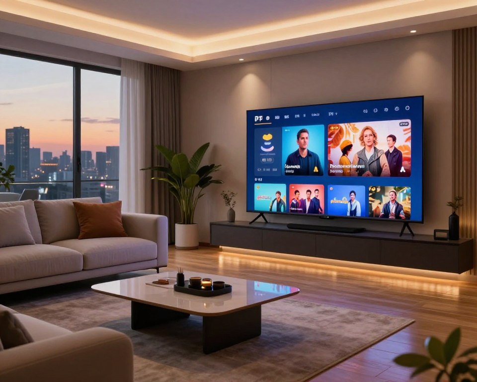 A sleek, modern living room designed for optimal IPTV viewing. In the foreground, a stylish, minimalist coffee table rests in front of a large, high-definition screen displaying vibrant streaming content. The middle ground features a plush, inviting sofa adorned with contemporary cushions, while a polished wooden floor reflects soft ambient lighting. In the background, large windows reveal a city skyline at dusk, casting a warm glow throughout the room. The atmosphere is cozy yet high-tech, conveying a sense of comfort and advanced entertainment. Soft shadows highlight the contours of the furniture, and a subtle flair of greenery from potted plants adds freshness to the scene. The image captures a blend of modernity and relaxation, focusing on the experience of premium IPTV subscriptions.