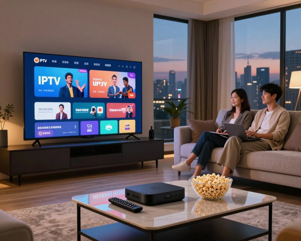 A sleek, modern living room setting, featuring a large, flat-screen television displaying high-definition streaming content. In the foreground, a stylish coffee table holds streaming devices, a remote, and a bowl of popcorn. The middle ground showcases a cozy sofa with a young couple, dressed in casual yet professional attire, engrossed in a movie. Soft, warm lighting creates a welcoming atmosphere, with floor-to-ceiling windows revealing a twilight cityscape in the background. The overall mood conveys comfort, entertainment, and the excitement of premium IPTV subscription services, emphasizing quality and reliability in a contemporary home environment. The perspective captured should be slightly angled for depth, enhancing the immersive experience of the scene.