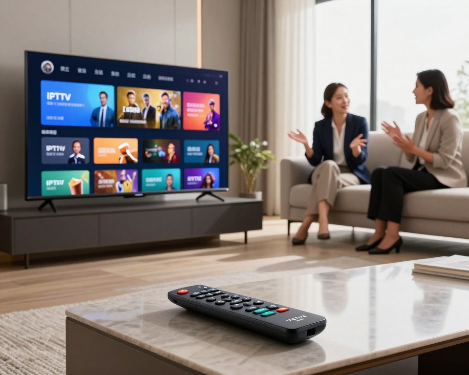 A sleek, modern living room setting focusing on advanced IPTV features. In the foreground, a stylish Smart TV displaying an interactive user interface with vibrant streaming options and advanced search functionality. An elegant coffee table holds a remote control, showcasing buttons for various features like voice search and personalized recommendations. In the middle ground, a comfy sofa with two individuals dressed in professional attire, engaged in discussion about streaming options. They appear excited and intrigued by the innovations in IPTV. The background features a large window with natural light flooding in, creating a warm, inviting atmosphere. Overall, the image conveys a sense of modern technology and a sophisticated streaming experience.