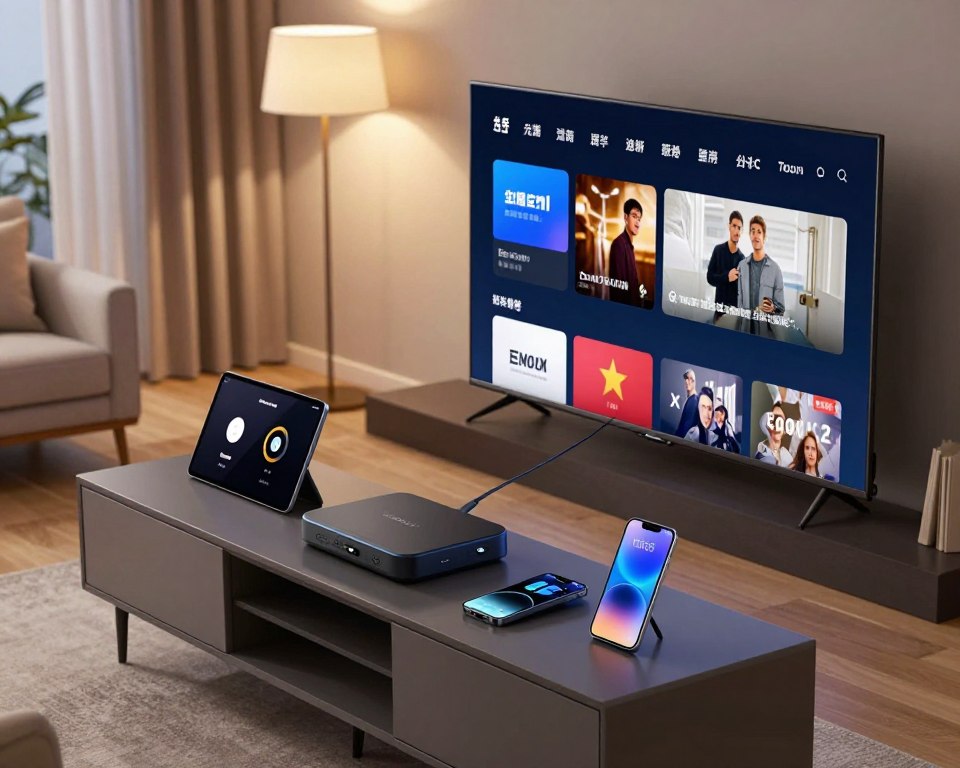 A sleek, modern living room setting prominently featuring various streaming devices for enhanced compatibility. In the foreground, a stylish smart TV displays a vibrant interface showcasing different streaming apps. In the middle, a variety of devices like a streaming box, tablet, and smartphone are neatly arranged on a contemporary media console, showcasing their seamless integration. The background should feature a soft-focus cozy atmosphere with subtle lighting from floor lamps, creating a warm and inviting mood. Use a high-angle shot to capture the entire scene, emphasizing the harmony between technology and daily life, highlighting the accessibility and versatility of streaming across multiple platforms and interfaces.