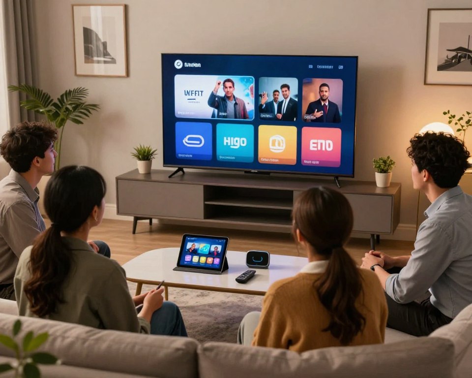 A sleek, modern living room setting showcasing a large smart TV on a stylish media console. In the foreground, a diverse group of four people, dressed in business casual attire, are seated on a cozy sofa, engaged in discussion while examining various streaming app icons displayed on the TV screen. The middle ground features a coffee table adorned with user-friendly devices like a tablet and a remote control, emphasizing the modern tech aspect. The background offers soft, ambient lighting that creates a warm and inviting atmosphere, accentuated by houseplants and framed artwork on the walls. The angle captures a dynamic view, highlighting the interaction between the individuals and the displayed apps, conveying collaboration and the search for entertainment.