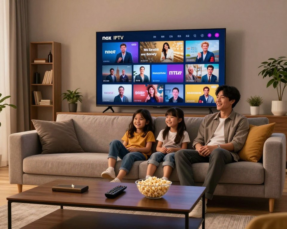 A sleek, modern living room setting with a large flat-screen TV prominently displaying vibrant IPTV content, showcasing a variety of channels. In the foreground, a stylish coffee table holds a remote control and a bowl of popcorn, emphasizing the idea of comfortable home viewing. The middle layer features a comfortable sofa with a family of three dressed in casual, professional attire, smiling as they enjoy their viewing experience together. The background consists of soft, ambient lighting, with elements like a bookshelf and potted plants that create a cozy atmosphere. The scene conveys a sense of enjoyment and modern technology, with a warm, inviting color palette highlighting the features of Nox IPTV.