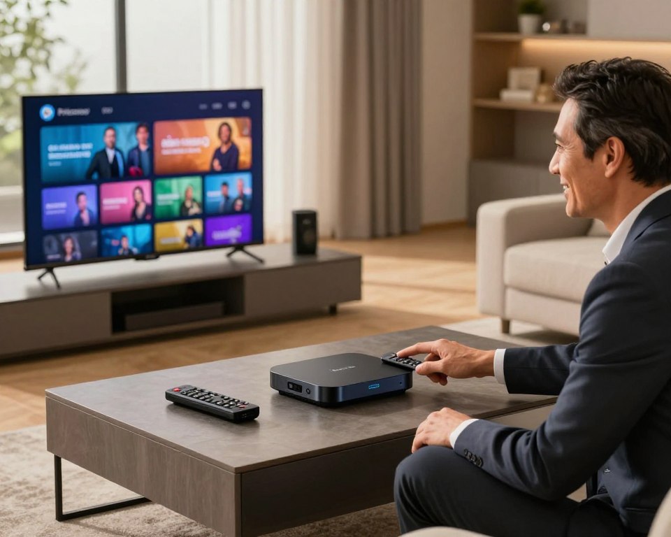 A sleek, modern living room setup showcasing various IPTV devices such as a streaming box, smart TV, and remote controls, all placed neatly on a stylish coffee table. In the foreground, a well-dressed professional, a middle-aged man, is interacting with the devices, displaying a look of satisfaction and ease. The middle of the scene features a large smart TV with vibrant colors displaying a popular channel, emphasizing user-friendliness. Soft, warm lighting fills the room, creating an inviting atmosphere, while a window in the background casts gentle natural light, illuminating the space. The overall mood is relaxed and technologically advanced, representing the seamless compatibility and simplified installation of PremiumIPTV. The angle is slightly elevated, offering a comprehensive view of the room's setup.