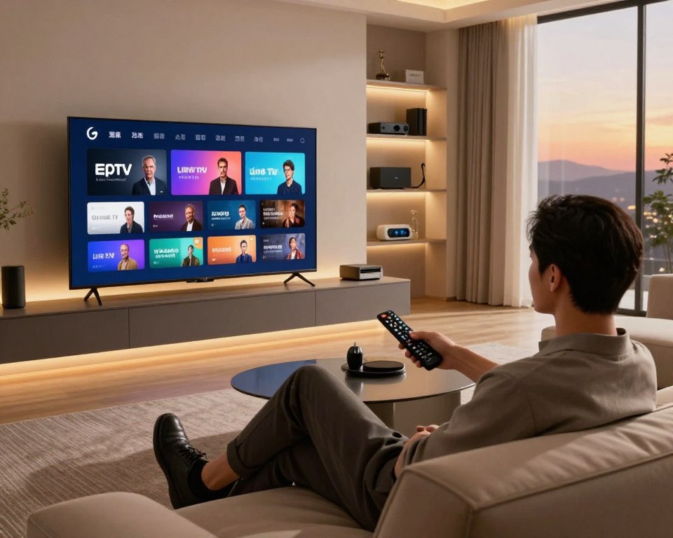 A sleek, modern living room showcasing advanced IPTV streaming on a large flat-screen television. In the foreground, a professional-looking individual in smart casual attire sits comfortably on a stylish sofa, engaging with a remote control. The screen displays a vibrant interface highlighting multiple IPTV features like live TV, on-demand streaming, and a user-friendly navigation menu. In the middle ground, soft lighting casts a warm glow, enhancing the inviting atmosphere. The background features elegantly arranged shelves with various digital streaming devices and a window revealing a sunset, creating a cozy and sophisticated mood. The camera angle is slightly elevated, offering a comprehensive view of the scene.