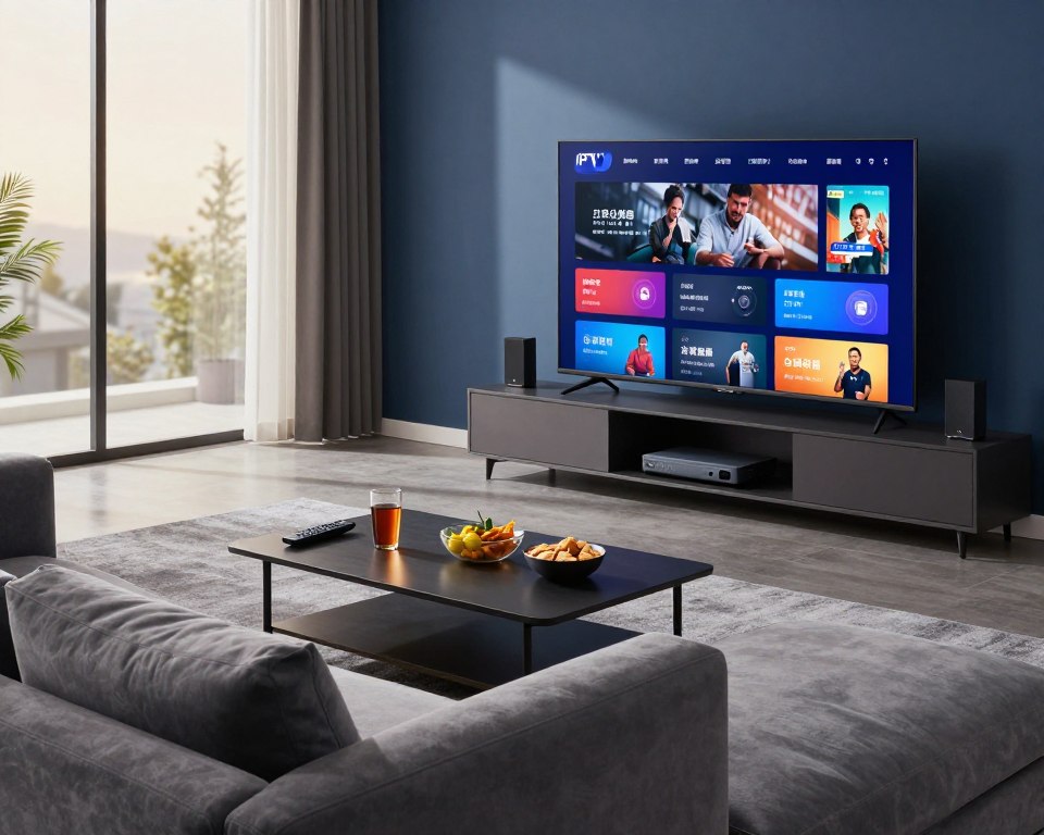 A sleek, modern living room showcasing the ultimate IPTV experience. In the foreground, a comfortable sofa adorned with plush cushions, facing a large, flat-screen television displaying vibrant streaming content. On the coffee table, a remote control, snacks, and drinks create a cozy atmosphere. In the middle ground, a stylish entertainment center filled with sleek technology gadgets, emphasizing cutting-edge IPTV devices. The background reveals large windows allowing soft, warm natural light to fill the room, enhancing the inviting feel. The color palette features rich hues of blue and gray, giving a sophisticated yet relaxing vibe. The composition should convey comfort and premium technology, with a focus on an engaging entertainment environment.