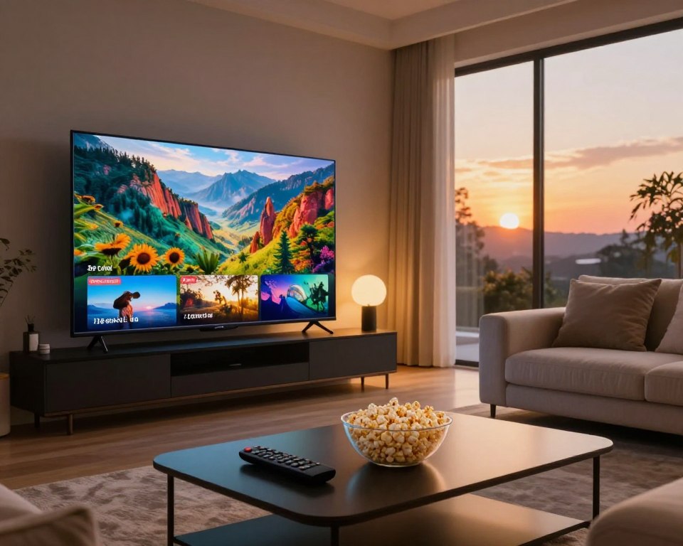 A sleek, modern living room with a high-definition television displaying vibrant, high-quality streaming visuals, showcasing a colorful nature documentary. In the foreground, a stylish coffee table holds a remote control and a bowl of popcorn. The middle is warmly illuminated by soft ambient lighting, creating an inviting atmosphere. A comfortable sofa adorned with plush cushions is positioned to face the screen. In the background, a large window reveals a beautiful sunset casting warm hues inside the room. A subtle glow reflects off the TV screen, highlighting the exceptional image quality. The setting is peaceful and cozy, emphasizing the advantages of premium IPTV for an enhanced viewing experience.