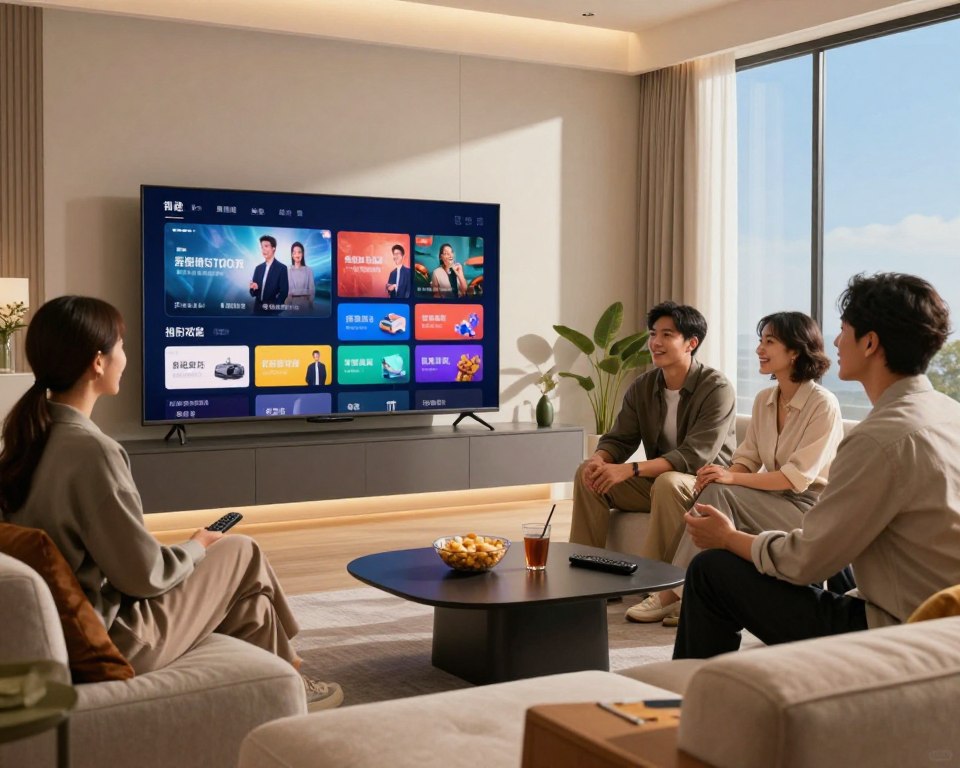 A sleek, modern living room with a large flat-screen TV displaying vibrant streaming content. In the foreground, a diverse group of three professionals, dressed in smart casual attire, discussing and smiling while interacting with the TV. In the middle, plush furniture with a coffee table equipped with snacks, drinks, and a remote control, emphasizing comfort. In the background, warm lighting creates a cozy atmosphere, complemented by soft shadows and a large window showing a clear blue sky. The scene emanates a sense of quality and reliability, highlighting the enjoyment of premium streaming experiences. The overall mood is inviting, engaging, and informative, showcasing the advantages of high-quality streaming services.