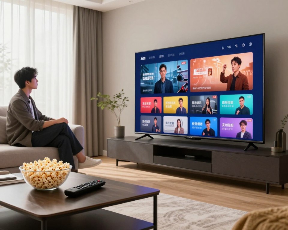 A sleek, modern living room with a large flat-screen TV showcasing vibrant streaming content, emphasizing high video quality. In the foreground, there’s a stylish coffee table with a remote control and a bowl of popcorn, inviting a cozy viewer experience. The middle of the image features a comfortable sofa where a professional-looking person sits, casually yet stylishly dressed, focused on the screen. Bright natural light filters through large windows in the background, illuminating the scene and creating a warm, inviting atmosphere. The overall mood conveys comfort and technology, surrounded by soft, contemporary décor. The composition uses a slightly low angle to emphasize the TV and the engaging visuals displayed, capturing the essence of high-quality video streaming performance.
