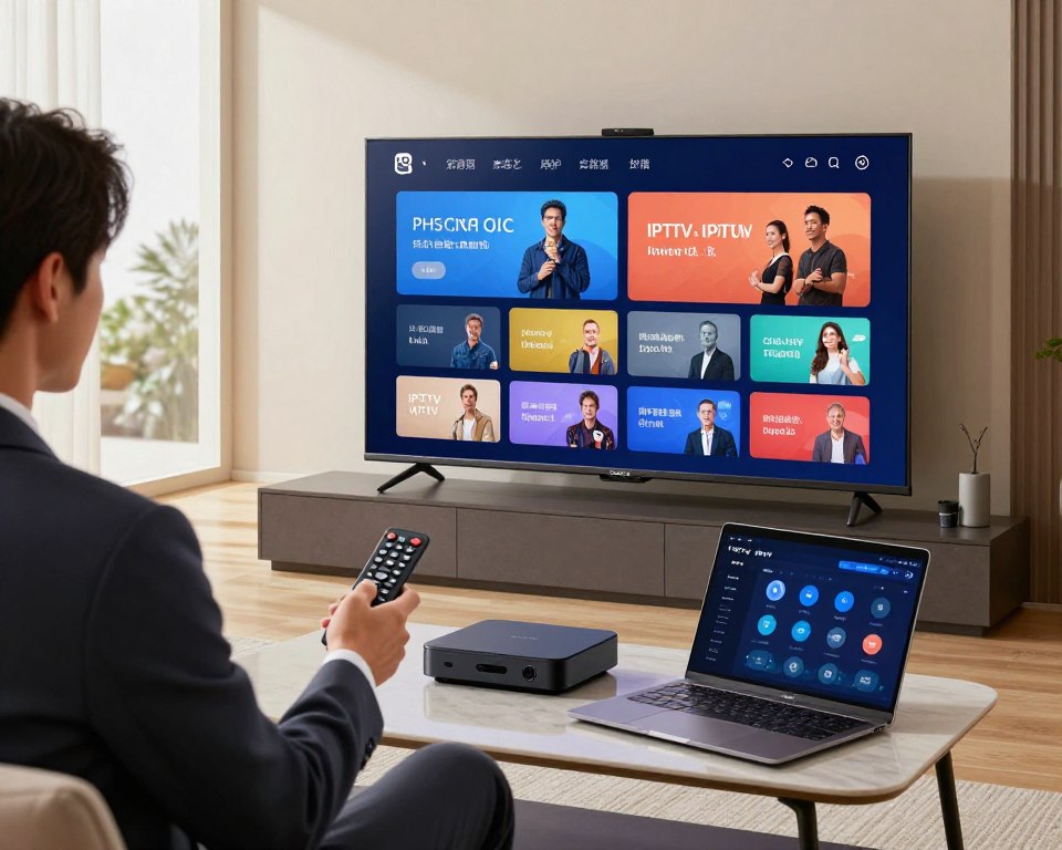 A sleek, modern living room with a large smart TV displaying vibrant streaming graphics, showcasing various channels and content. In the foreground, a professional-looking individual in business attire interacts with a remote control, symbolizing seamless IPTV access. The middle ground features a stylish coffee table with advanced streaming devices and a laptop open with IPTV analytics displayed. The background includes a large window with natural light streaming in, creating a warm, inviting atmosphere. The lighting is soft yet bright, enhancing the colors on the TV screen. The overall mood reflects innovation and technological advancement, emphasizing the technical advantages and performance of IPTV services. The composition is balanced, capturing both the user experience and the modern home environment.