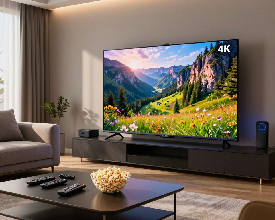 A sleek, modern living room with a large, ultra-high-definition 4K television showcasing vibrant colors and sharp details of a stunning nature scene. In the foreground, a stylish coffee table is scattered with remote controls and a bowl of popcorn, evoking a home entertainment vibe. The middle ground features a comfortable, contemporary sofa adorned with plush cushions, inviting the viewer to relax and enjoy the premium streaming experience. Soft, ambient lighting creates a warm and inviting atmosphere, while sunlight filters through large windows, casting gentle reflections on the TV screen. In the background, subtle hints of advanced technology — such as streaming devices and smart home features — illustrate innovation in the domain of television and image quality.