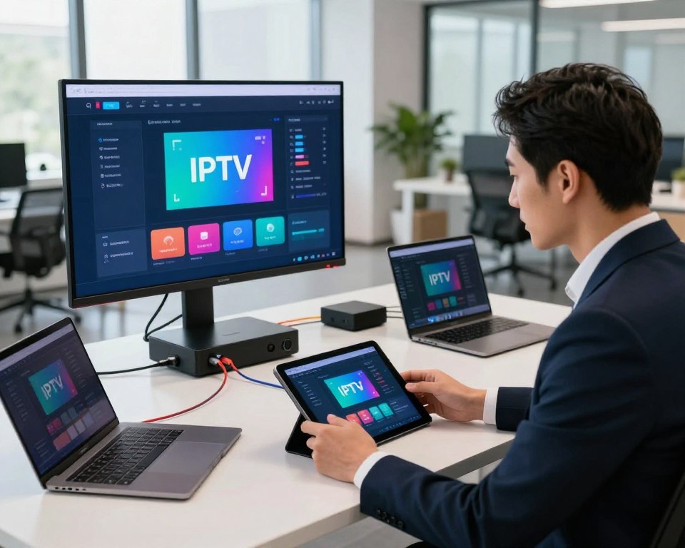 A sleek, modern office environment with a large screen displaying the IPTV testing process, showcasing vibrant graphics and data analytics. In the foreground, a professional in business attire is engaged with a tablet, attentively observing the results. The middle ground features a sleek desk with various devices such as laptops and streaming boxes, all connected with colorful cables. The background shows a bright, airy office space with contemporary furniture and plants, enhancing the tech-savvy atmosphere. Soft, natural lighting flows in from large windows, creating an inviting and innovative mood. The camera angle is slightly tilted down, emphasizing the interaction with the technology, perfect for illustrating the detailed workings of a free IPTV test.