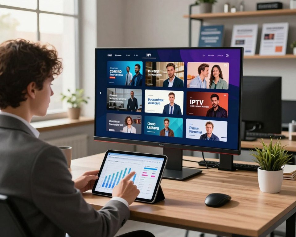 A sleek, modern office workspace showcasing competitive pricing and flexible plans for a premium IPTV service. In the foreground, a professional business person in smart attire is analyzing a digital tablet displaying graphs and charts related to subscription options. The middle ground features a large screen showing vibrant visuals of streaming content, emphasizing quality and variety. The background includes shelves with neatly arranged promotional materials and a window view with soft sunlight illuminating the area, creating a warm and inviting atmosphere. The composition should be well-balanced, with a sharp focus on the person and the screen, while the overall mood conveys professionalism and innovation in the digital subscription market.