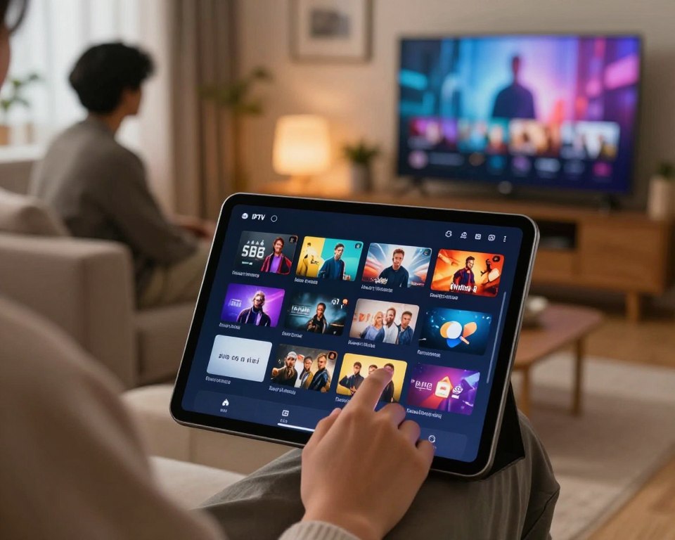 A sleek, modern user interface for an IPTV application displayed on a high-resolution tablet screen, positioned in the foreground. The tablet shows a vibrant library of streaming content, including movie posters and channel icons, arranged intuitively for easy navigation. In the middle ground, a blurred silhouette of a user in casual attire interacts with the tablet, their hand gently touching the screen. The background features a cozy living room setting with soft, warm lighting, enhancing the inviting atmosphere. A stylish sofa and a large television set can be seen, suggesting an interactive viewing experience. The overall mood is relaxed and tech-savvy, emphasizing intuitive usage and user-friendly design. The scene captures a contemporary lifestyle, showcasing the modern approach to streaming television.