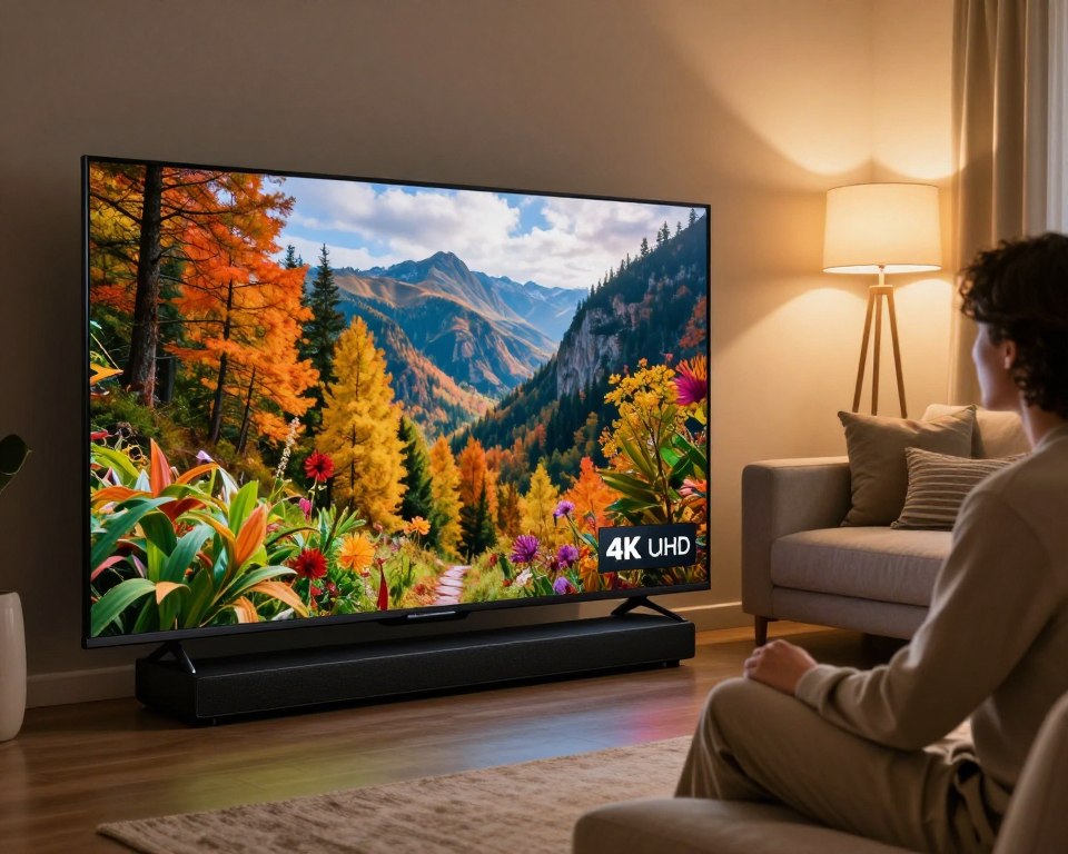 A sophisticated home entertainment setup showcasing high-definition streaming in a cozy living room. In the foreground, a large 4K ultra-HD television displays a vibrant, vivid image of nature, with rich colors and intricate details, showcasing the quality of HD streaming. Surrounding the TV, a sleek soundbar adds to the modern aesthetic. The middle ground features a plush sofa with a few decorative pillows, where a professional individual is comfortably seated, closely engaged with the streaming experience; they are dressed in smart casual attire. The background is softly illuminated by warm lighting from stylish lamps, creating a welcoming atmosphere. The scene emphasizes clarity and depth, evoking a sense of immersive entertainment.