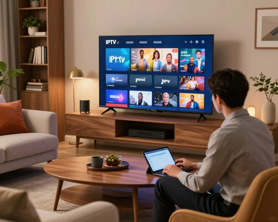 A sophisticated room filled with modern technology, showcasing a sleek flat-screen TV displaying vibrant IPTV playlists on the screen. In the foreground, a professional person dressed in smart casual attire is seated at a stylish wooden coffee table, browsing through a digital device. The middle layer features a cozy couch adorned with colorful cushions, while elegant lighting creates a warm and inviting atmosphere. The background includes a tastefully decorated bookshelf and decorative plants, giving a sense of tranquility and focus. The overall mood is informative and engaging, capturing the essence of a comprehensive IPTV guide experience. Soft, diffused lighting enhances the image, providing a relaxed yet modern ambiance, shot from a slightly elevated angle.