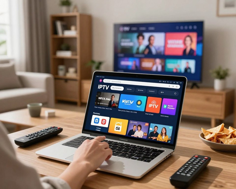 A stylish, modern workspace showcasing a sleek laptop open to a user-friendly IPTV subscription guide. In the foreground, a hand clicks on various IPTV plan options, with bright, colorful icons representing different streaming packages. The middle ground features a high-quality television displaying vibrant streaming content, surrounded by remote controls and snacks for a relaxed viewing experience. The background includes a cozy sofa and a decorative bookshelf, creating a warm and inviting atmosphere. Soft, natural lighting filters in from a window, casting gentle shadows and enhancing the inviting mood. The image embodies a sense of excitement and clarity about choosing the ideal IPTV subscription.