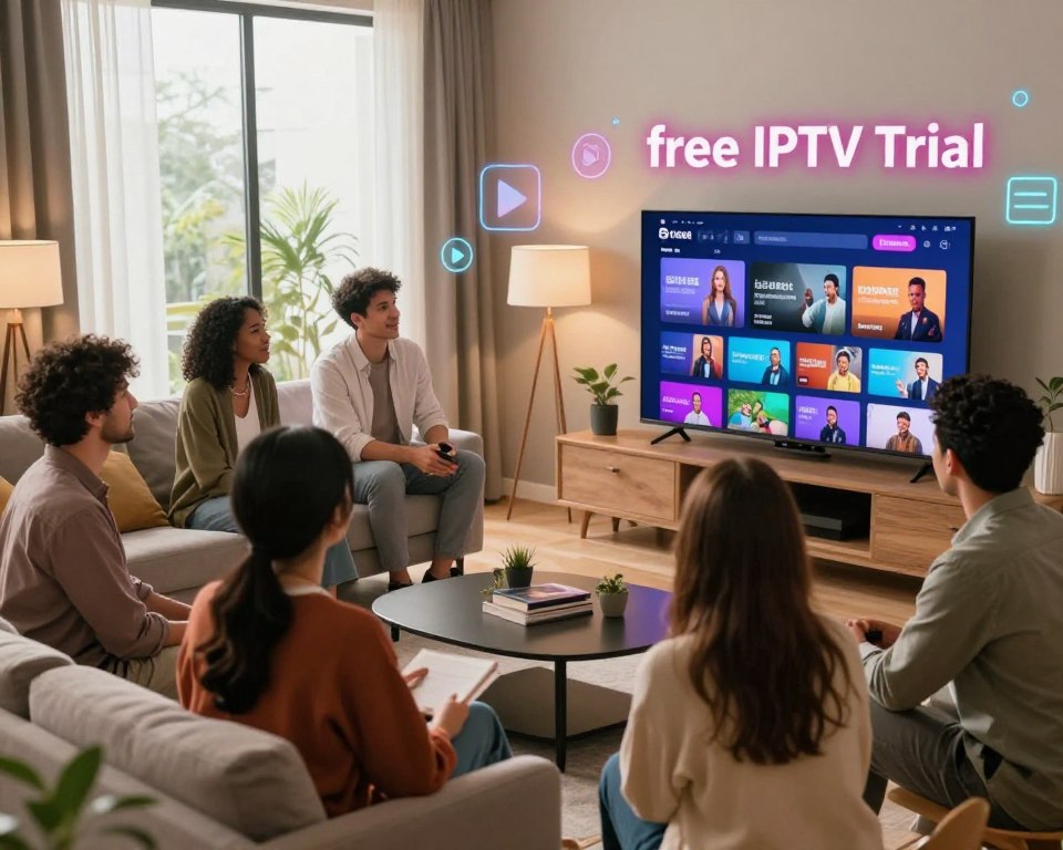A vibrant and engaging scene showcasing the advantages of a free IPTV trial. In the foreground, a diverse group of professionals in smart casual attire are gathered around a sleek, modern television displaying a colorful interface of various channels. The middle ground features a cozy living room setting with stylish furniture and ambient lighting, enhancing the warm atmosphere. The background highlights a large window, letting in soft, natural light, creating a welcoming feel. Add subtle graphic elements that symbolize streaming, such as digital icons or play buttons, floating in the air. The overall mood is inviting and optimistic, illustrating the concept of exploring new entertainment options through cutting-edge technology.