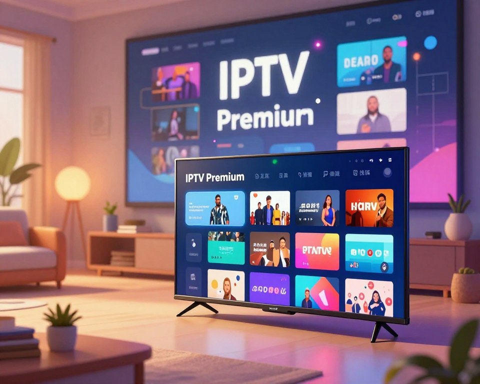 A vibrant and modern illustration depicting the concept of "IPTV Premium." In the foreground, a sleek, high-definition television displaying a variety of streaming content with vibrant colors and sharp details. In the middle ground, comfortable modern furniture suggests a cozy viewing area, accented by contemporary decor and ambient lighting that creates a welcoming atmosphere. The background features a stylized digital interface representing diverse channels and content options, with abstract shapes and glowing elements indicating high-quality streaming technology. Soft, warm lighting enhances the inviting mood, while a lens effect adds depth. The overall scene conveys a sense of advanced technology and premium entertainment experience, without any text or overlays.
