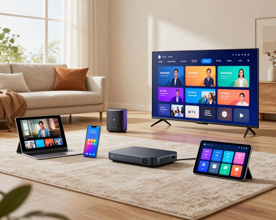 A vibrant and modern living room showcasing an array of diverse electronic devices compatible with television services, such as smart TVs, tablet computers, smartphones, and streaming devices. In the foreground, a sleek smart TV displays a colorful, dynamic IPTV interface. In the middle ground, various devices are neatly arranged, including a tablet streaming a video, a smartphone with a TV control app open, and a streaming box. The background features a cozy sofa with soft cushions and tasteful decor, creating an inviting atmosphere. Soft, natural lighting filters through a large window, illuminating the room and enhancing the colors of the devices. The overall mood is one of modern accessibility and effortless entertainment, emphasizing the seamless compatibility across devices without any text or distractions.