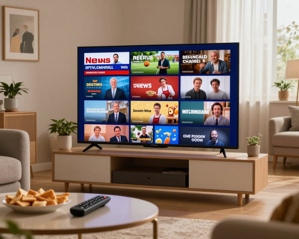 A vibrant collection of international television channels displayed on a modern, sleek TV screen in a cozy living room. In the foreground, a stylish coffee table holds a remote control and snacks, while the TV showcases a collage of various channels: news broadcasts, sports events, cooking shows, and movies, each represented by engaging visuals. The middle section features plush seating arranged to face the TV, with subtle decorations like plants and framed art on the walls, evoking a warm, inviting atmosphere. In the background, soft natural lighting filters through sheer curtains, creating a relaxed ambiance. The mood is leisurely and comforting, highlighting the enjoyment of premium IPTV content, with a focus on the diversity and richness of channels available.