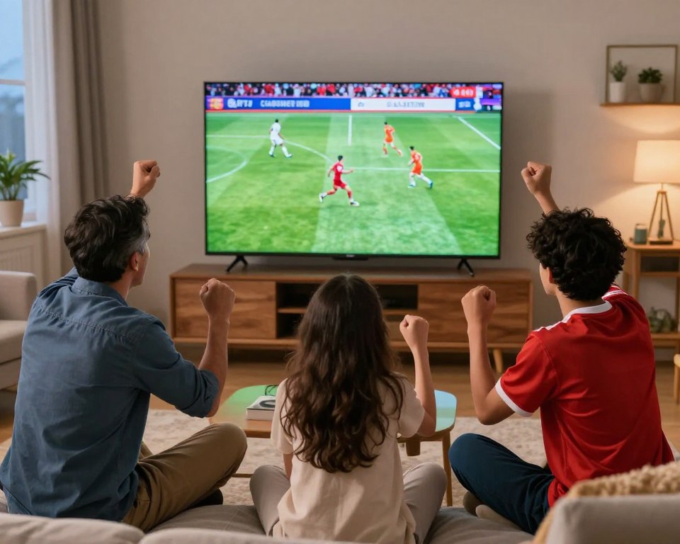 A vibrant living room scene depicting a family gathered around a large flat-screen TV, enjoying a live sports event through IPTV. In the foreground, the family consists of three diverse members: a middle-aged man in a smart casual outfit, a woman in modest clothing, and a teenager in sporty attire, all expressing excitement as they cheer on their favorite team. In the middle layer, the TV screen vividly displays a thrilling soccer match with dynamic action. The background showcases a cozy home decor with soft lighting that creates a warm atmosphere, while a window shows a hint of evening twilight. The overall mood is energetic and joyful, capturing the essence of enjoying live sports together.