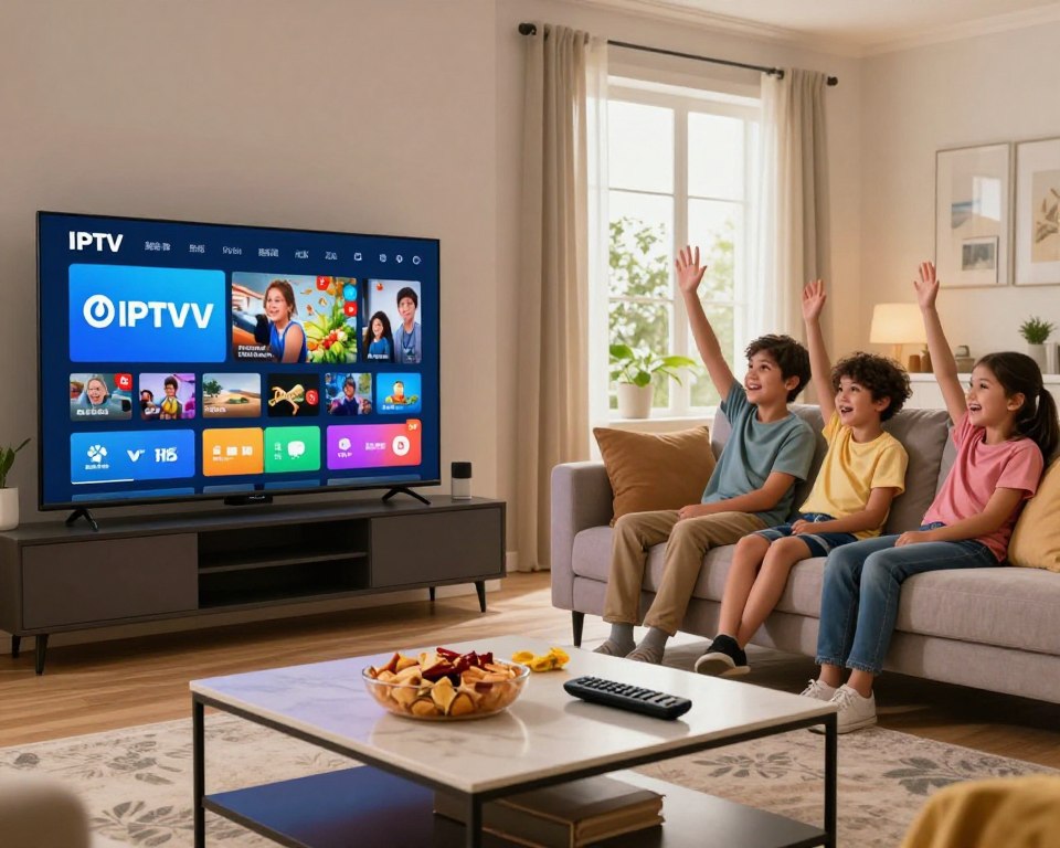 A vibrant living room scene showcasing a sleek modern TV displaying a premium IPTV interface, with dynamic colors and sharp details. In the foreground, a stylish coffee table is adorned with snacks and a remote control, inviting an immersive viewing experience. The middle ground features a comfortable couch with plush cushions, where a family of four in smart casual attire sits engaged in watching their favorite show, radiating joy and excitement. In the background, large windows allow natural light to flood the room, highlighting a cozy, well-decorated space. The atmosphere is warm and inviting, perfect for quality family time. Capture the essence of high-definition streaming with clear details and a balanced composition, using soft diffused lighting for a homey feel.