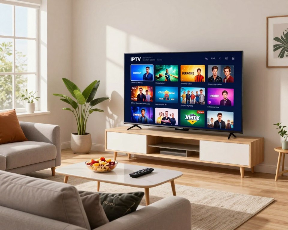 A vibrant, modern living room setting featuring a sleek television displaying an IPTV playlist interface filled with colorful thumbnail icons of various genres like movies, sports, and music. In the foreground, a cozy sofa with stylish cushions invites viewers to relax. A coffee table is adorned with snacks and a remote control, emphasizing the comfort of home entertainment. Sunlight streams through a nearby window, creating a warm and inviting atmosphere. In the background, minimalistic decor elements, such as a potted plant and wall art, enhance the contemporary feel. The scene captures the excitement and accessibility of IPTV playlists, conveying the advantages and features of a diverse selection of entertainment options.