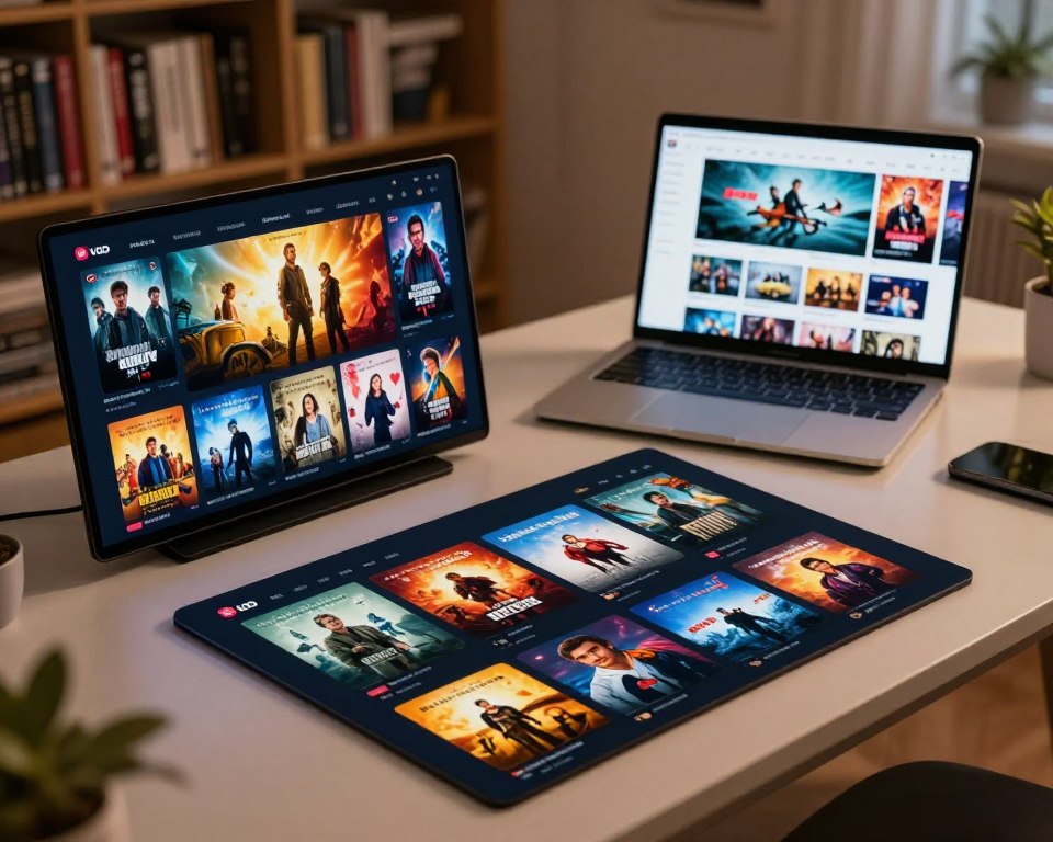 A vibrant, visually appealing catalogue of VOD films and series laid out on a sleek, modern table. In the foreground, a collection of high-resolution digital screens showcases diverse film and series covers, featuring various genres from action to romance. The middle ground includes an open laptop displaying a user-friendly VOD interface, highlighting the variety of content available. Soft, ambient lighting creates a warm and inviting atmosphere, while a blurred bookshelf filled with DVDs and films forms the background, suggesting a rich library of entertainment options. The scene is captured from a slightly elevated angle, emphasizing the modern digital experience. The mood is engaging, enticing viewers to explore the diverse world of VOD content.