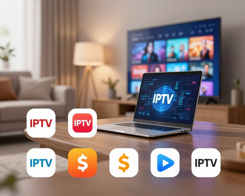A visually appealing and informative illustration of IPTV subscription packages displayed against a modern, tech-inspired backdrop. In the foreground, showcase various IPTV package icons, each designed uniquely to represent streaming services, along with symbols of cost-saving and premium features, such as dollar signs and stars. The middle ground features a sleek, futuristic laptop or television displaying vibrant streaming graphics, symbolizing a seamless viewing experience. In the background, a softly blurred living room setting enhances the home entertainment atmosphere, with warm lighting creating an inviting mood. Use a shallow depth of field to ensure the focus is on the IPTV icons and devices, evoking a sense of modernity and convenience in streaming entertainment.