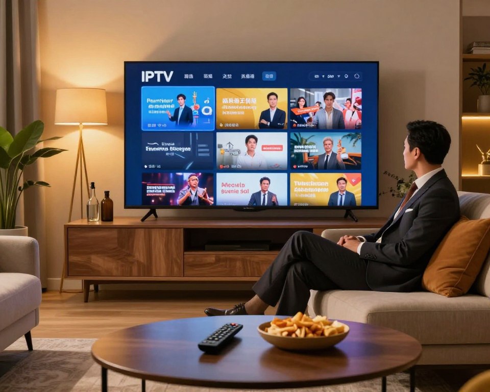 A visually appealing scene featuring a modern, inviting living room with a large TV displaying a vibrant IPTV channel, symbolizing premium entertainment value. In the foreground, a sleek coffee table holds a remote and snacks, creating a cozy atmosphere. The middle layer includes a well-dressed individual seated comfortably on a stylish couch, enjoying the captivating content on the screen, wearing professional attire to convey a sense of sophistication. The background showcases warm lighting, accentuating the rich colors of the decor and soft textures of the furniture, creating an inviting ambiance. A few decorative plants peek from the sides, adding a refreshing touch to the space. Overall, the scene should evoke feelings of comfort, quality, and value, reflecting an attractive pricing strategy.