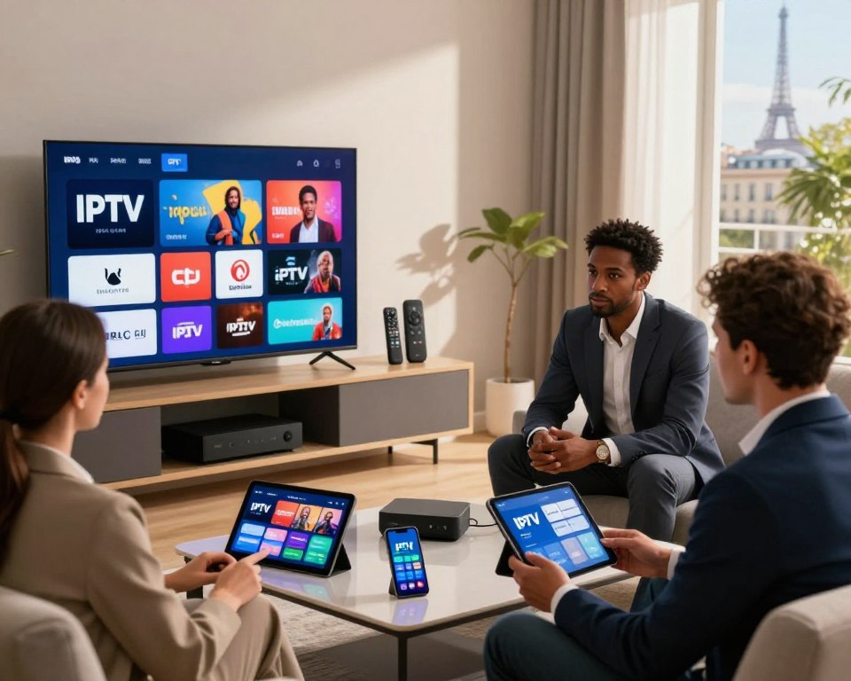 A visually captivating illustration representing the exploration of IPTV offers in the French market. In the foreground, a sleek modern living room setting features a large flat-screen TV displaying various IPTV channel logos and vibrant program previews. A diverse group of three professionals dressed in smart business attire are engaged in a discussion around a coffee table filled with tablets and smartphones showing IPTV statistics and comparisons. In the middle ground, a stylish shelf is lined with streaming devices and remote controls, while a window lets in soft, natural lighting that creates a warm atmosphere. The background features a tasteful urban environment visible outside, with hints of the Eiffel Tower in the distance, suggesting a connection to the French culture. The composition is well-balanced, with a focus on both the technology aspect and the engaging social interaction.