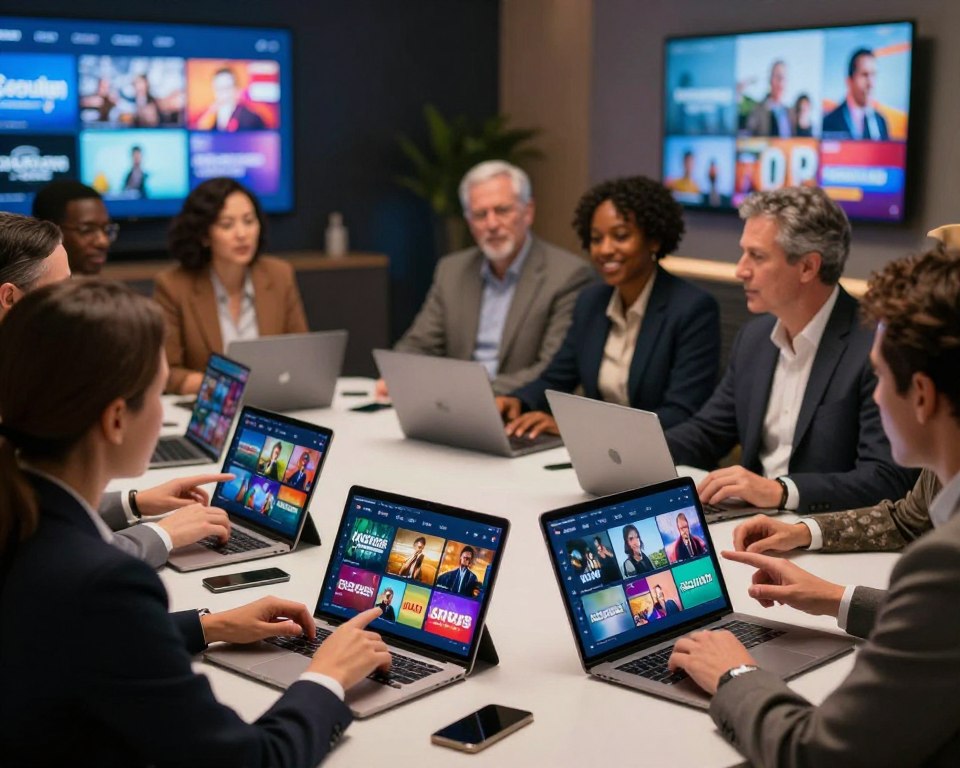 A visually captivating image depicting a comprehensive catalog of television channels. In the foreground, showcase an elegantly arranged table adorned with sleek tablets and laptops displaying vibrant screen interfaces of various TV channels—sports, movies, news, and documentaries. In the middle ground, illustrate a diverse group of professionals in modest business attire, engaged in animated discussions about the channels, pointing at device screens. The background features soft-focus wall-mounted screens showcasing dynamic channel logos and visuals. Use warm lighting to create an inviting atmosphere, emphasizing a sense of collaboration and excitement about premium content. Capture the scene from a slightly elevated angle to provide a comprehensive view while maintaining clarity in details.