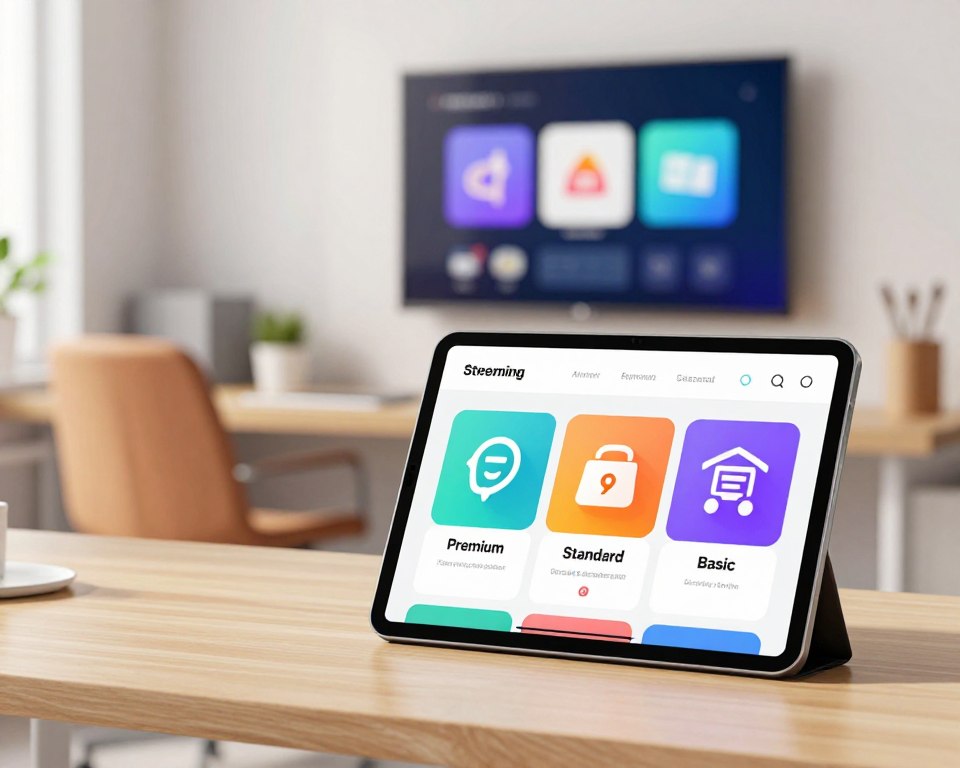 A visually engaging and modern illustration of various streaming subscription options, featuring a sleek digital display showing different subscription plans. In the foreground, a professional-looking tablet is presented, displaying colorful icons for each plan, with features like “Premium”, “Standard”, and “Basic” clearly defined. In the middle ground, a stylish and minimalistic office setting with a soft focus on a modern desk and comfortable chair, enhancing the professional ambience. The background features a softly blurred wall-mounted screen displaying app logos, creating a tech-savvy environment. The lighting is bright and inviting, with soft shadows creating depth. The overall mood is informative yet relaxed, perfect for an article on streaming subscription options.