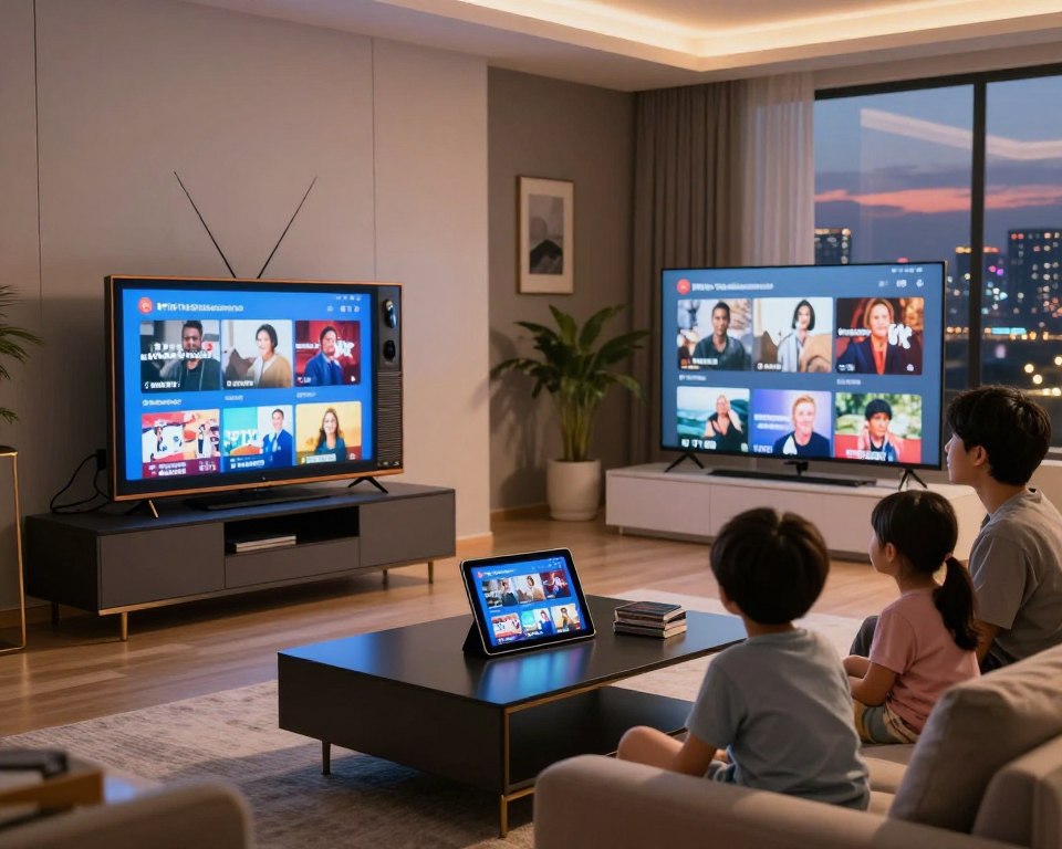 A visually engaging comparison of IPTV subscriptions and traditional TV methods. In the foreground, depict a sleek, modern living room with a family gathered around a large flat-screen TV displaying streaming content, showcasing IPTV. On the left side, illustrate traditional television setup with an older model TV, surrounded by tangled wires and a collection of DVDs, contrasting the outdated technology. In the middle, a digital tablet displaying IPTV menus can be placed on a stylish coffee table, symbolizing convenience and modernity. The background should show a cityscape at dusk, with soft, warm lighting that creates a cozy and inviting atmosphere. Use a wide-angle lens to capture the depth of the room, emphasizing the stark contrast between these two methods of viewing.