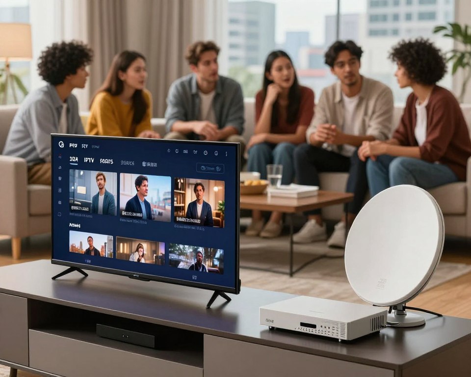 A visually engaging comparison of modern television technologies: In the foreground, depict a sleek IPTV setup featuring a prominently displayed smart TV streaming content with a clean user interface. Beside it, illustrate a traditional satellite dish and a cable box on a stylish entertainment center. In the middle ground, show a diverse group of casually dressed individuals discussing and interacting with these technologies, showcasing curiosity and interest. The background should have a blurred cityscape through a large window, symbolizing the urban lifestyle. Soft, ambient lighting enhances the setting, creating a warm and inviting atmosphere. The angle should be slightly elevated, providing a clear view of the devices while capturing the engaging interaction among individuals, emphasizing the theme of technological comparison.