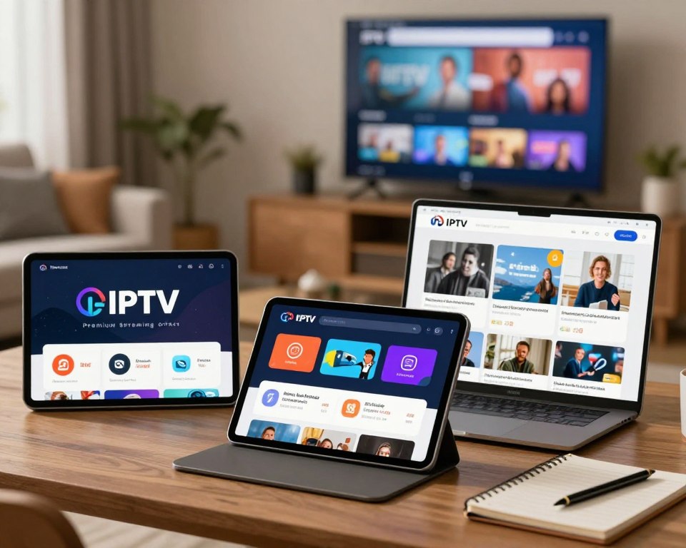 A visually engaging comparison of premium IPTV subscription offers on a sleek digital interface. In the foreground, three distinct subscription packages are displayed on modern tablets, each with vibrant icons and clear pricing details; one tablet showcases a premium streaming service with the logo prominently featured. The middle ground features a stylish workspace with a laptop open, showing a user-friendly website where viewers can compare services, along with a notepad and pen indicating thoughtful selection. The background includes a softly lit living room with a large television displaying high-definition streaming content, contributing to a cozy atmosphere. The image should have warm, inviting lighting, shot from a slight angle to give depth, creating a professional yet accessible environment ideal for viewing IPTV services.