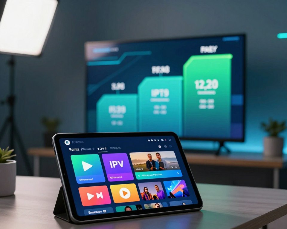 A visually engaging composition illustrating IPTV subscription plans. In the foreground, a digital tablet displays a colorful interface with various IPTV subscription tariffs and pricing options, featuring graphics of streaming icons like play, rewind, and pause. In the middle, a stylized graphic chart or infographic highlights different tiers of service, including affordable, premium, and family plans, with clear differentiation among them. The background features a modern, tech-themed workspace with ambient lighting that gives a sleek, professional atmosphere—soft blues and greens enhance the tech vibe. The scene is well-lit, using soft box lighting to create an inviting tone. A slight depth-of-field effect focuses on the tablet and charts, adding clarity and emphasis to the pricing information without any text or logos.